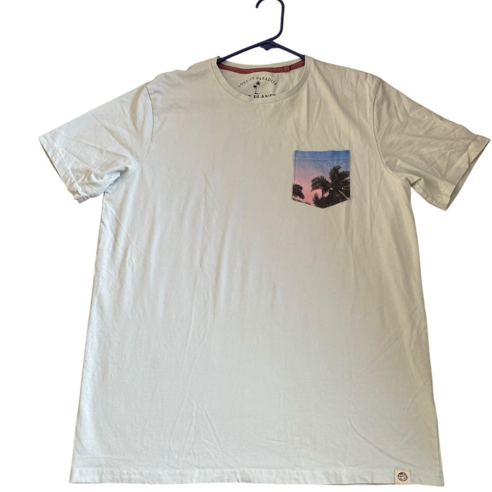 Free Planet Light Blue Green Tee with Palm Graphic Pocket